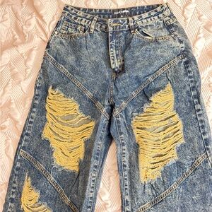 Fashion Nova High Rise Distressed Jeans - Blue and Yellow